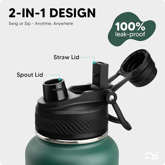 Insulated Water Bottle with Silicone Boot (36hrs Cold/18hrs Hot) - DIY Stickers, [2-in-1 Lid], BPA Free, 40 oz
