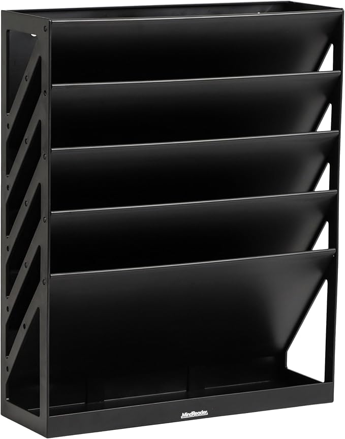 Mind Reader 5-Tier Vertical File Storage, Desktop Organizer, Wall Mount, Office, Plastic, 13"L x 4.25"W x 16"H, Black