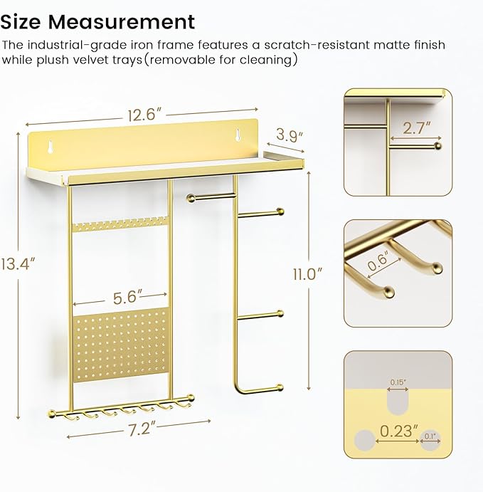 Wall Mounted Jewelry Organizer with Shelf: Metal Display Stand with Velvet Pad, Multi-Layer Necklace Hanging Rack for Bedroom Bathroom Space Saving No-Drill Wall Decor