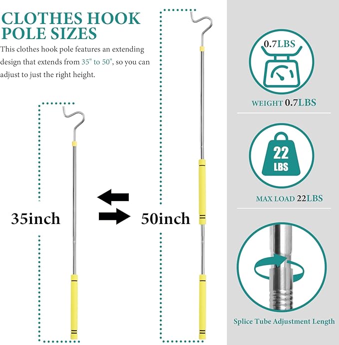 Clothes Hook Pole, Clothes Hanger Reaching Hook for Hanging Clothes Light and Plants Extendable from 35" to 50" Made of Stainless Steel Tube with Sponge Handle (51inch)