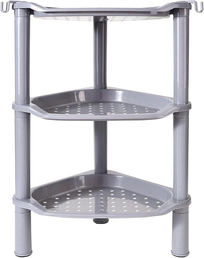 3 Tier Shower Caddy Corner,Plastic Shower Shelf Organizer for Inside Bathroom, Bathtub, Shower Pan, 13.5 x 10 x 26 Inches,Grey(Round Slot Grey 3 Tier)