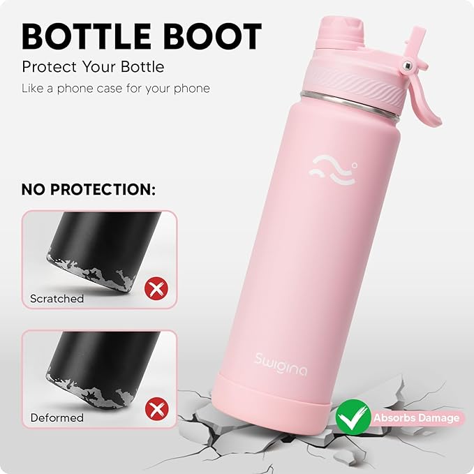 [2-IN-1 LID] Insulated Water Bottle with Silicone Boot (36hrs Cold/18hrs Hot) - DIY Stickers, Leakproof, BPA Free, 24 oz