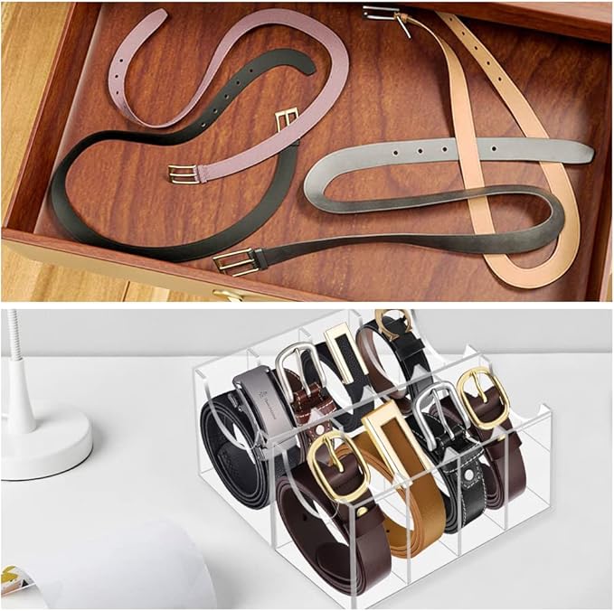 Acrylic 8 Compartment Belt Organizer - Clear Display Case for Closet Tie, Bow Tie, Watch, Jewelry, Bracelets, Ring