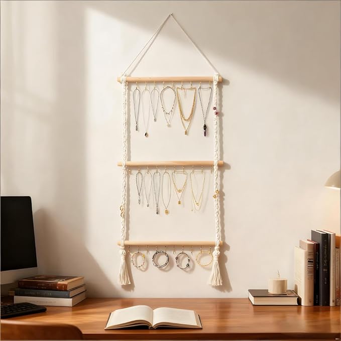 Hanging Macrame Jewelry Organizer - 30-Hook Necklace Holder, Wall Mounted/Over Door Jewelry Hanger with Tassel for Bracelet, Earring, Headband, Necklace