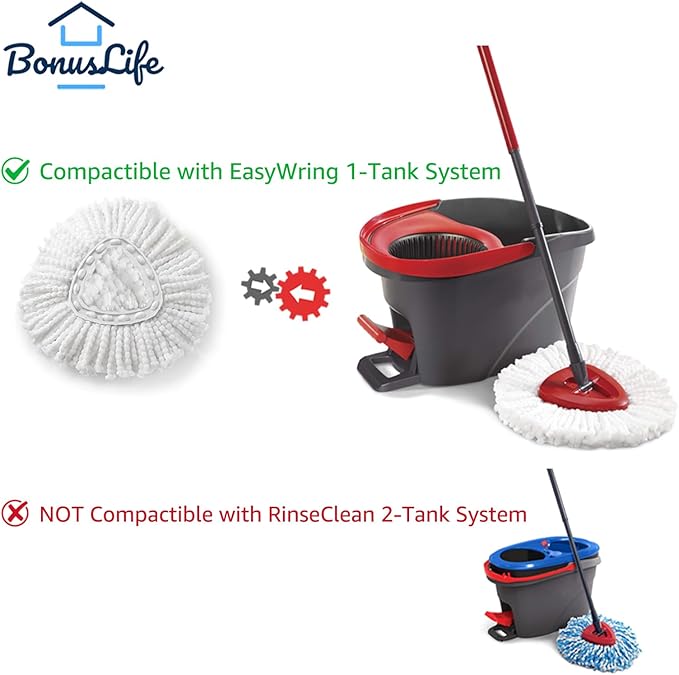BonusLife 1 Pack Mop Refill and 1 Mop Head Base Part for O-Ceda EasyWrin Spin Mop Refill 1-Tank System Only Easy Cleaning Microfiber Replacement