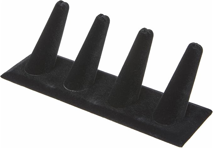 Plymor Black Velvet Ring Finger Display, Four on Rectangular Base, 6" W x 2.125" D x 2.5" H
