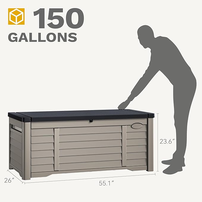 DWVO Large Deck Box 150 Gallon Waterproof Outdoor Storage Box, Extra Large Outdoor Bin, Resin Louvered Patio Storage for Pillows, Garden Tools & Pool Supplies, Lockable, Black&Brown