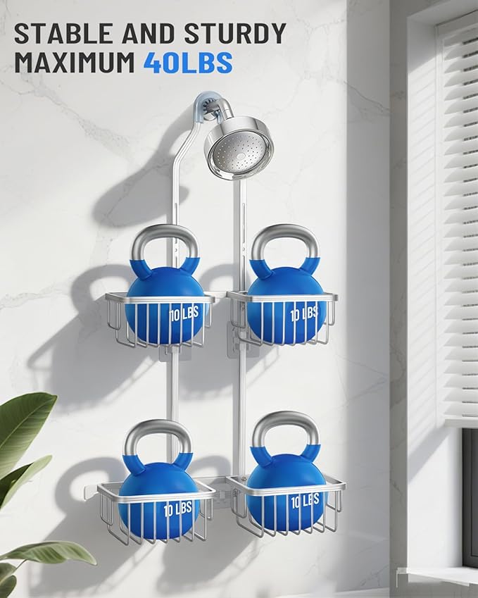 Adjustable Shower Caddy Hanging for Handheld Showerheads - Upgraded Never Rust Shower Hanging Organizer, Bathroom Shower Rack with Soap Basket, Hooks and Toothbrush Holder (Shiny Silver)