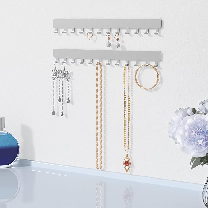Necklace Holder - Hanging Jewelry Organizer, Self-Adhesive, Wall Mount, 2 Pack, Painted Silver