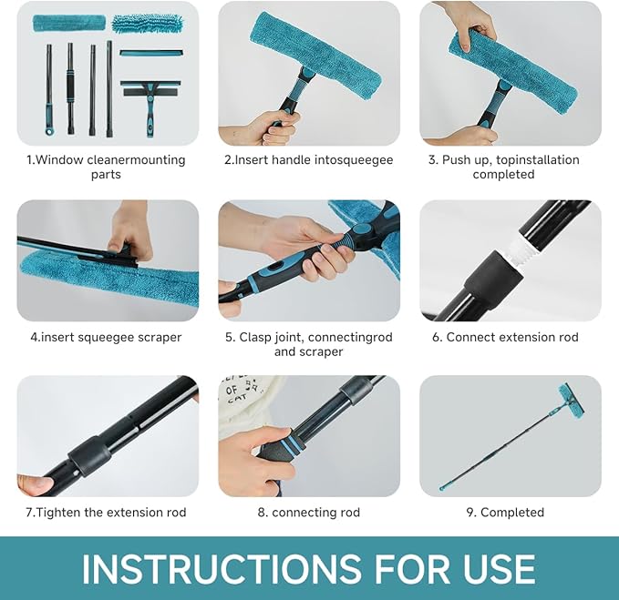 Professional 2-in-1 Window Squeegee Cleaner Tool with 62" Extension Pole, Rotatable Bendable Head & Scrubber, Car Glass Cleaning Kit for Windows, Shower, Gas Station - 1 Blade 2 Scrubber