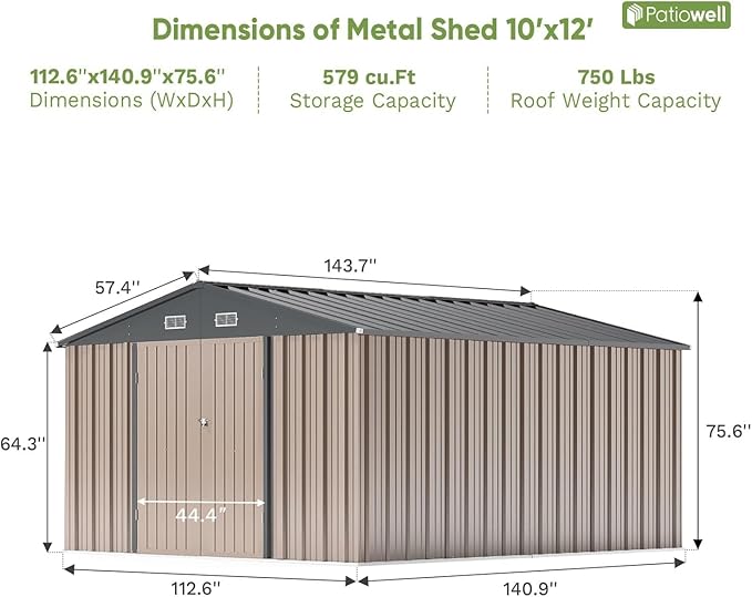 Patiowell 10x12 FT Storage Shed, Outdoor Metal Sheds with Lockable Door and Sloping Roof, Waterproof Outside Large Garden Tool Shed with Breathable Vents for Patio Lawn Backyard, Brown