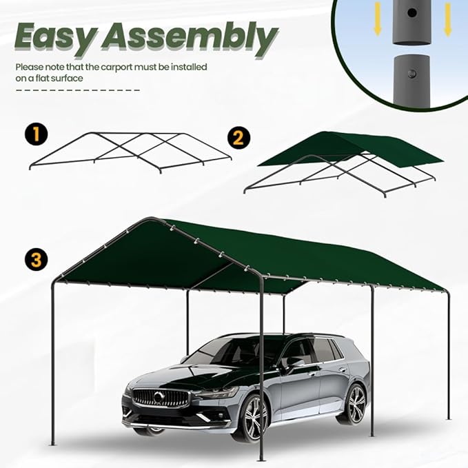 Carport, 10‘ x 20’ Heavy Duty Portable Garage All-Season Car Canopy, Outdoor Garage Boat Shelter Carport Canopy Party Tent w/Water-Resistant Tarp for Backyard (Green, 10' x 20' /no Side)