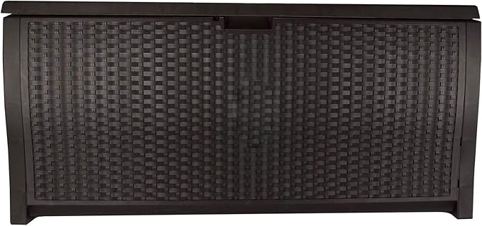 Suncast 99 Gallon Plastic Wicker Deck Box Container Storage for Garden, Garage, Home, Pool, Indoor and Outdoor Use, Mocha (2 Pack)