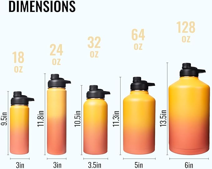 Gallon Water Bottle with 2 Lids (Straw & Spout), 304 Stainless Steel Water Jug with Handle and Wide Mouth, 1 Gallon Vacuum Double Walled Jug for Sports, Outdoors, Yellow&Orange 128 oz