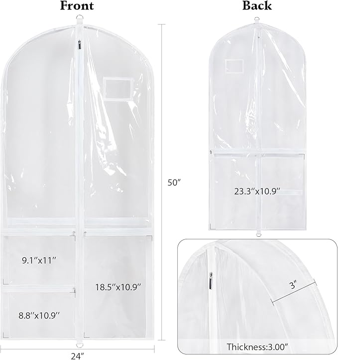 Univivi Clear PVC Dance Costume Bags, 50 Inch Garment Bag for Dance Competitions, with 3 Seperated Medium Clear Zipper Pockets and 1 Large Back Zippered Pocket (White, 2 Pack)