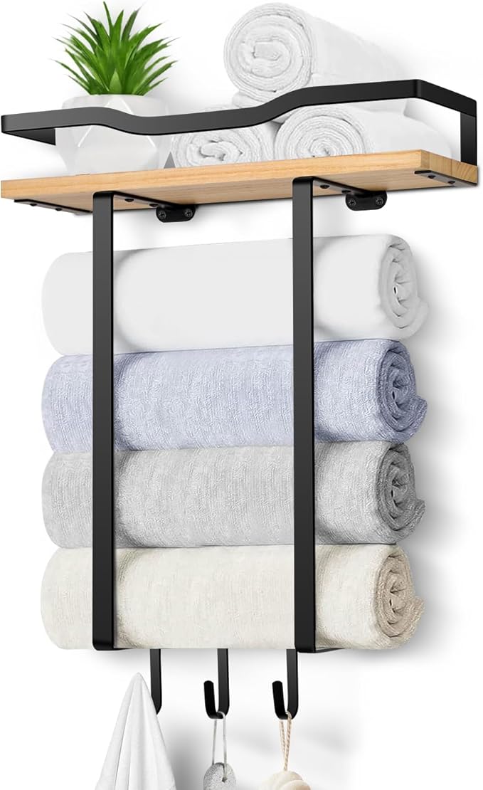 Towel Racks for Bathroom, Wall Mounted Towel Rack for Bathroom, Wall Towel Rack for Rolled Towels, Towel Storage for Small Decor-Black