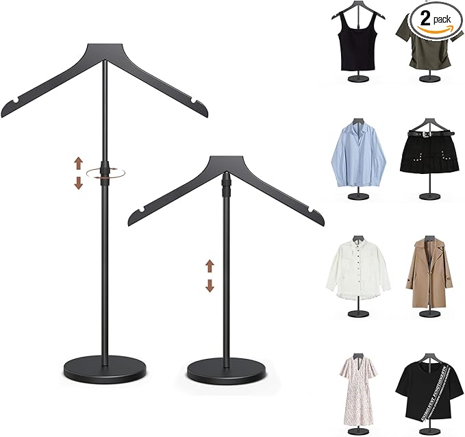 2 Pack Shirt Display Stand, 18-34 Inch Height Adjustable Mannequin Torso for Vendors Shop, More Stable Dress Form Mannequin Stand Clothes Rack, T Shirt Display Holder Jacket Coat Hanger, Black