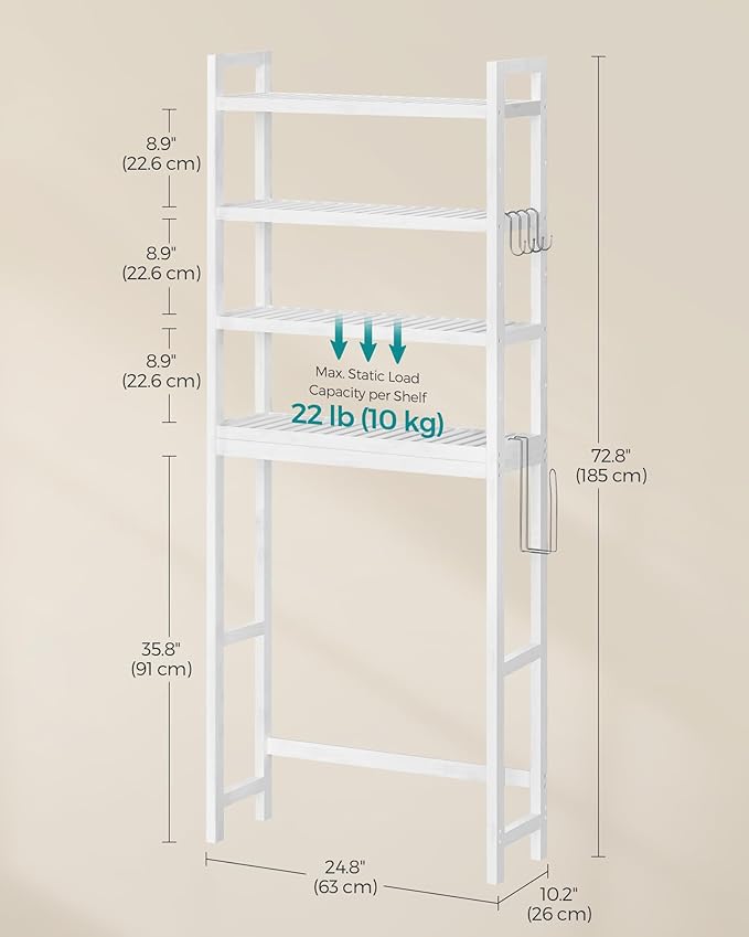 SONGMICS Over The Toilet Storage, 4-Tier Over Toilet Bathroom Organizer with Adjustable Shelves, 10.2 x 24.8 x 72.8 Inches, Space-Saving, Cloud White UBTS041W01