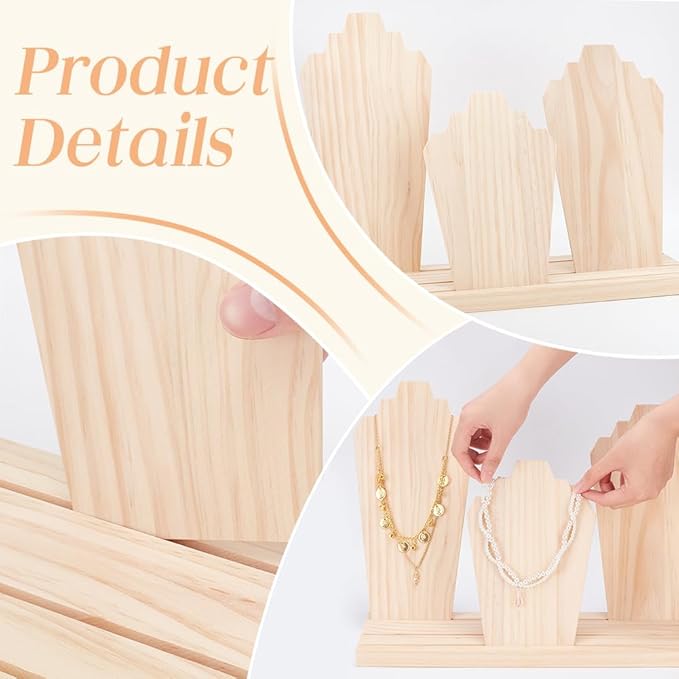 PH PandaHall Wood Necklace Display Stands with 3-Row Holder and 3 Removable Displays Wood Plank Necklace Storage Holder Bust Easel Jewelry Display for Necklaces, Rings Storage, Blanched Almond