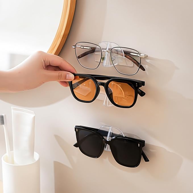 6 PCS Eyeglasses Holder Wall Mounted, Clear Hanging Sunglasses Organizer Storage with Self-Adhesive Sticker Drill-free Glasses Display Stand for Entryway Bathroom Bedroom Office Door Wall