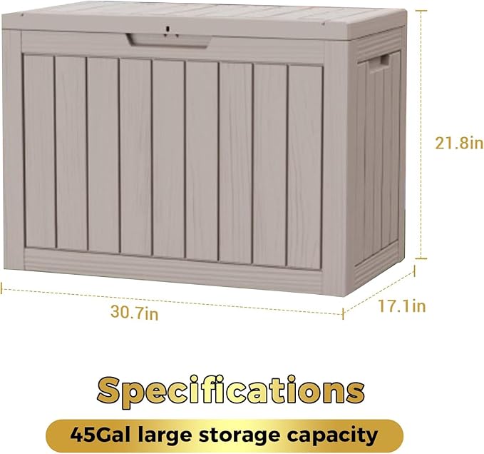 45 Gallon Outdoor Storage Box Waterproof, Resin Deck Boxes with Lockable Lid & UV-Resistant for Patio, Pool, Garden Furniture Cushions & Accessories, Coffee