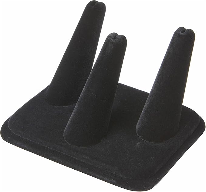 Plymor Black Velvet Ring Finger Display, Three on Rectangular Base, 4.125" W x 3.25" D x 2.25" H
