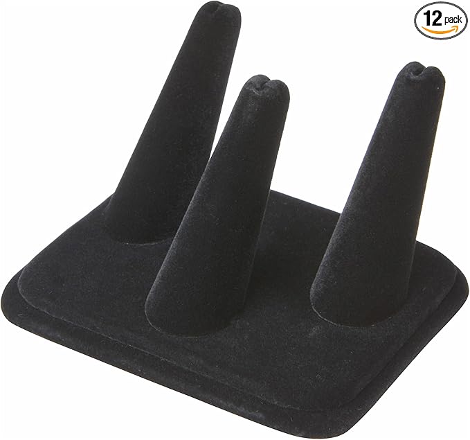 Plymor Black Velvet Ring Finger Display, Three on Rectangular Base, 4.125" W x 3.25" D x 2.25" H (Pack of 12)