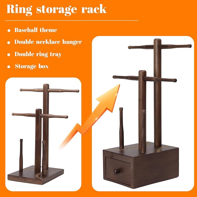 Baseball Necklace Holder and Ring Display with Storage, Wooden Softball Ring Holder Organizer for Championship Jewelry, baseball player gifts