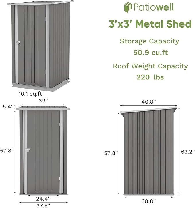 Patiowell 3x3 FT Storage Shed, Outdoor Metal Small Sheds with Lockable Door and Sloping Roof, Waterproof Outside Utility Garden Tool Shed for Patio Lawn Backyard, Gray