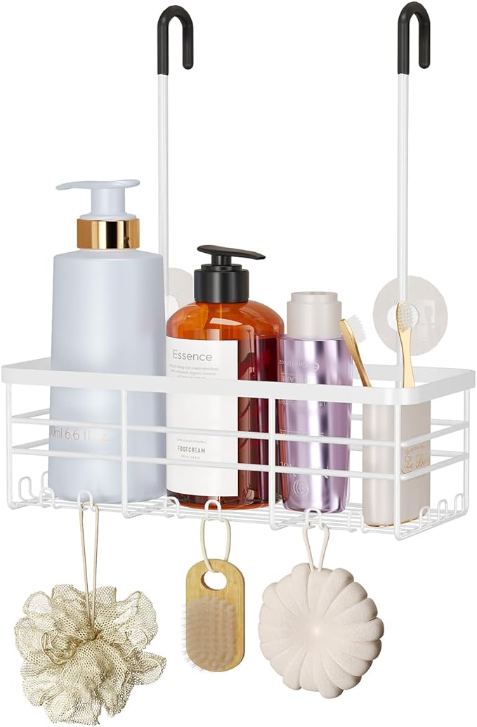 HapiRm Hanging Shower Caddy Organizer - No Drilling Shower Organizer with Hooks, Rustproof & Waterproof 304 Stainless Steel Bathroom Shelves - White (1 Basket)