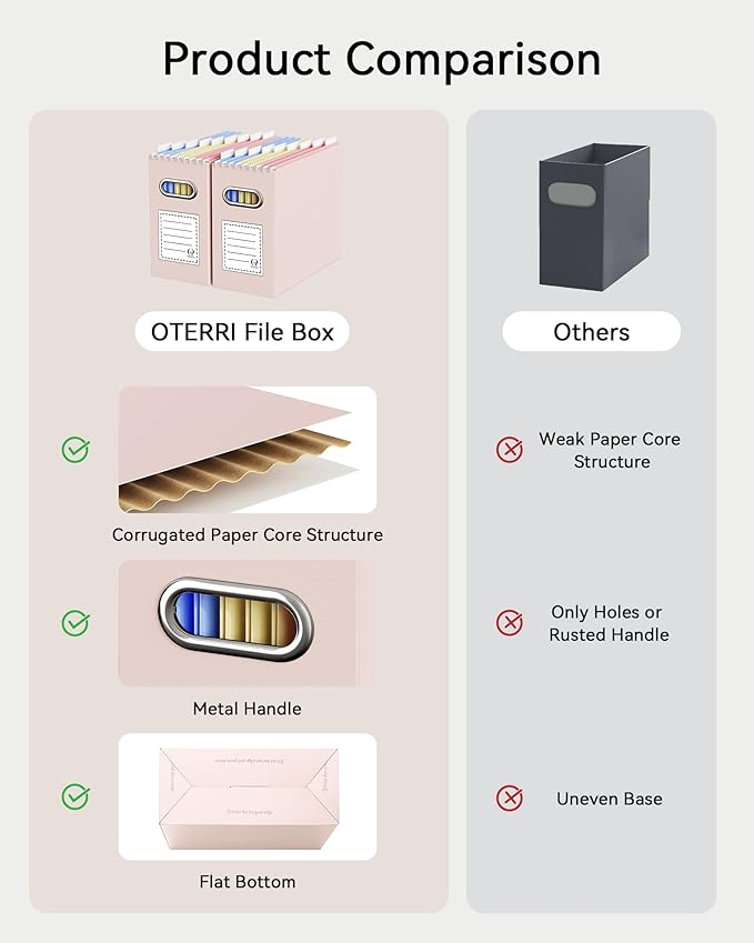 Oterri Cardboard File Organizer Box for Hanging File Folders Letter Size,File Box for Computer Desk,File Cabinet,Working Home,Office,Classroom (Light Pink, Letter Size - 4 Packs)