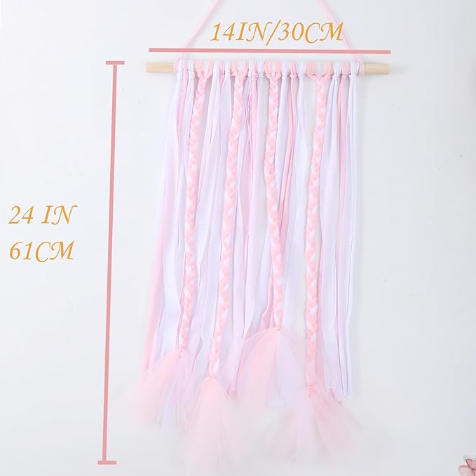 YOcity Bow Holder for Girls Hair Bows Organizer for Girls with Lace Ribbon Perfect for Baby Girl Nursery Room Decor (White+Pink)