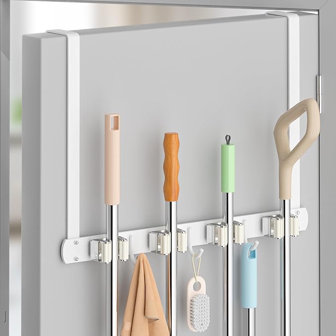 Broom Holder Over The Door - 304 Stainless Steel Mop and Broom Holder Wall Mounted or Hanging Over The Door with Hooks - Broom Hanger - white, Broom Storage Tool Organizer for Closet Laundry