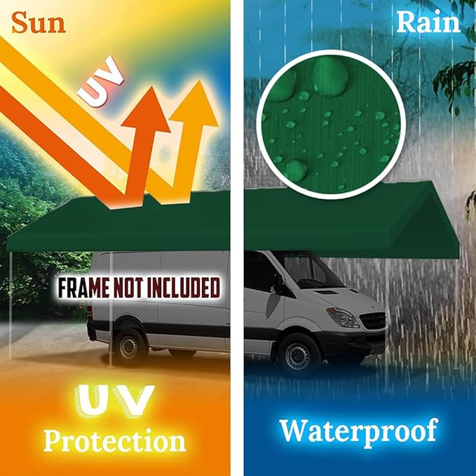 Rutile 12 x 20 FT Carport Replacement Cover, Heavy Duty Car Tarp Canopy Tent Replacement Top w/Ball Bungees Green (Only Top Cover, Frame is not Included)