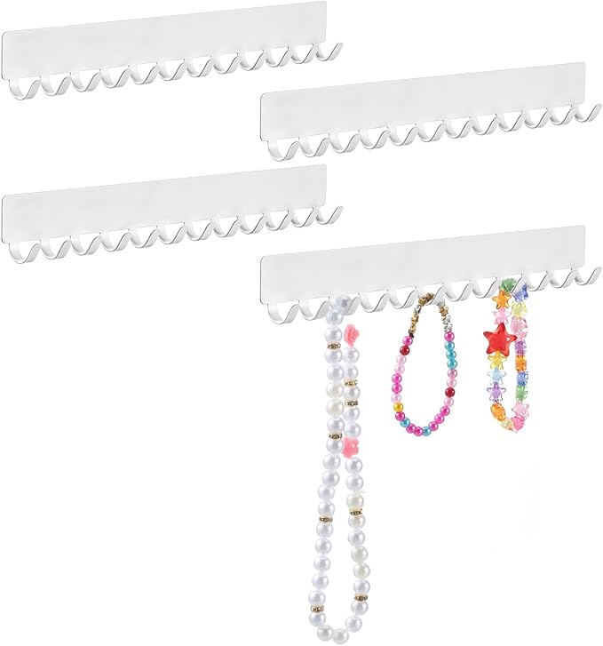 4 Pack Necklace Holder Wall Mount Metal Self-Adhesive Metal Wall Necklace Holder with 48 Hooks Total Space Saving White Hanging Jewelry Organizer Hanger for Necklaces, Pendant, Bracelets