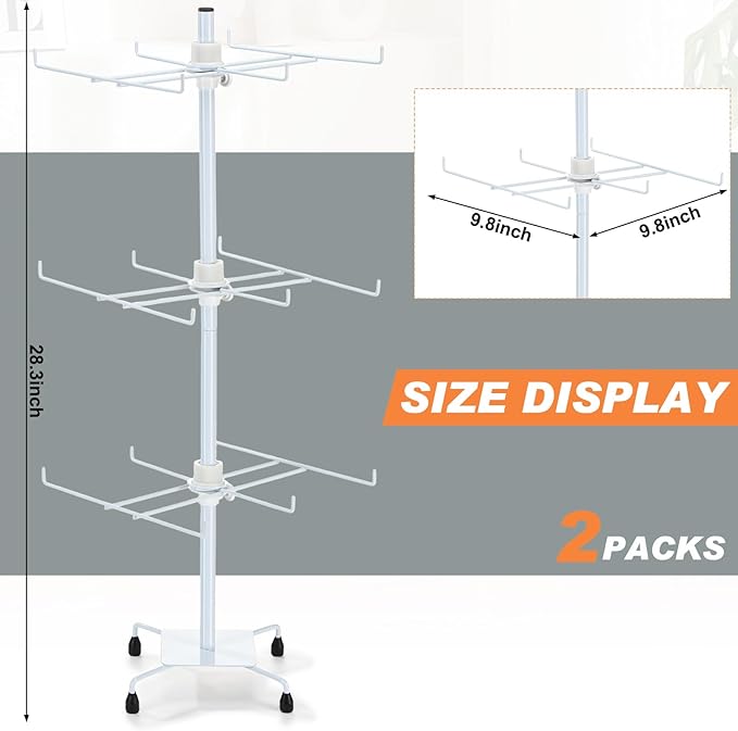 2 Pcs Jewelry Rotating Display Stand Adjustable Metal Earrings Bracelet Display Rack Hanging Jewelry Spinning Organizer Tree with Hooks for Vendor Events Selling(3 Tier,White)