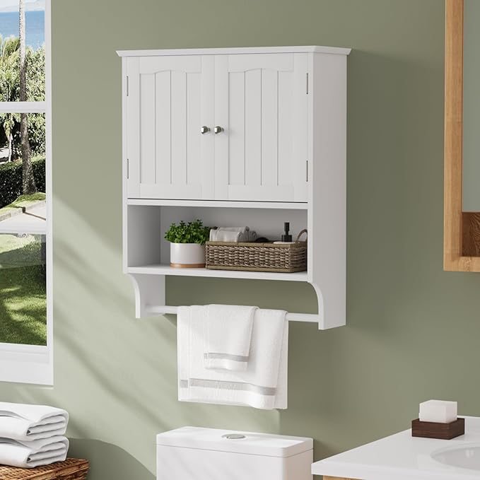 Smuxee White Bathroom Cabinet Wall Mounted with Towels Bar, Bathroom Medicine Cabinet with 2 Door Adjustable Shelves, Over Toilet Cabinet for Bathroom Laundry Room Kitchen