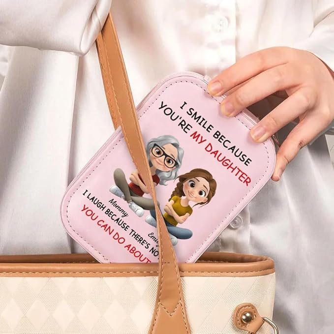I Smile Because You're My Daughter, For Daughter Personalized Custom Jewelry Box with LED Mirror, Cartoon Mom Daughter Travel Jewelry Case, Daughter Leather Jewelry Organizer, Daughter Gifts from Mom