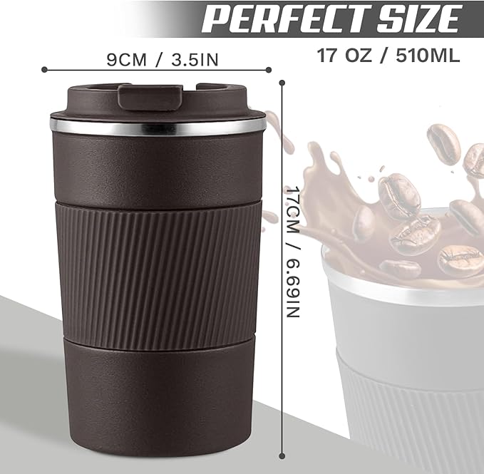 Vacuum-Insulated Stainless Steel Travel Coffee Mug, Leak-Proof Reusable Coffee Cup with Lid - Keep Hot & Cold Drinks for Hours, Durable Insulated Tumbler for Men & Women(3rd-Dark Coffee, 17OZ)
