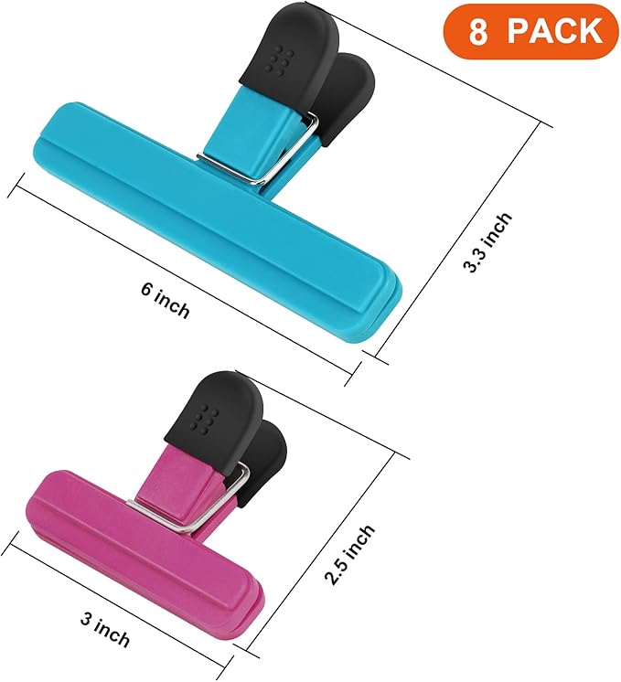 TACGEA Chip Clips, 8 Pack Food Clips, Upgrade Wide Open Bag Clips for Food Storage with Air Tight Seal Grip (4 x L, 4 x S)
