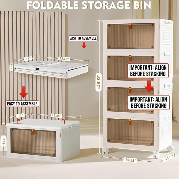 4 Tier Plastic Storage Bins with Lid 24QT, Stackable Storage Containers with Wheels, Folding Storage Boxes, Collapsible Storage Bins, Closet Organizers and Storage for Living Room,Office,Dorm