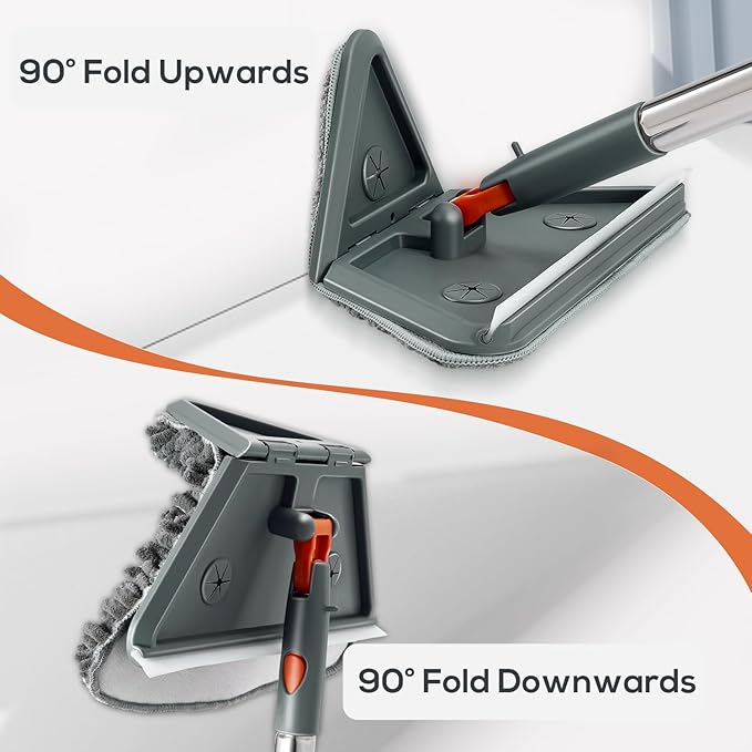 Base Board Cleaner Tool with Handle,360°Rotating Wall Cleaner Mop,180° Folding Ceiling Tool Duster with Squeegee for Cleaning Wall, Ceiling, Window,Floor,8 Replacement Cleaning Pads