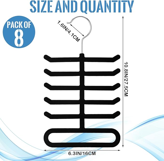 Kathfly 8 Pcs Black Velvet Tie Hanger 360° Rotatable Non Slip Hook Flocked Tie Rack Belt Organizer for Belts and Scarves
