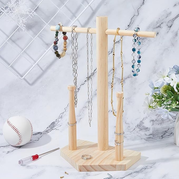 DICOSMETIC Wood Drip Necklace Organizer Holder Wooden Baseball Jewelry Holder Championship Stacked Ring Display Wooden Jewelry Storage Organizer Baseball Theme Gifts, PapayaWhip