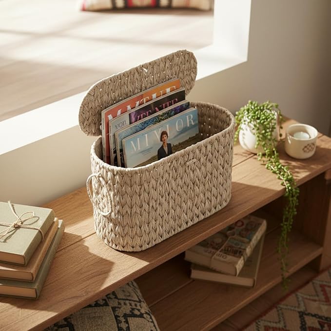 Toilet Paper Basket,Wicker Toilet Paper Storage with Lid,Decorative Boho Wicker Basket for Bathroom,Free Standing-Cream White