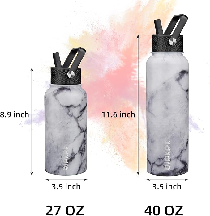 BJPKPK Insulated Water Bottles with Straw Lid, 27oz Stainless Steel Water Bottle with 3 Lids, Leak Proof BPA Free Metal Thermo, Mugs, Tumblers, Keep Cold Hot -Marble Frozen