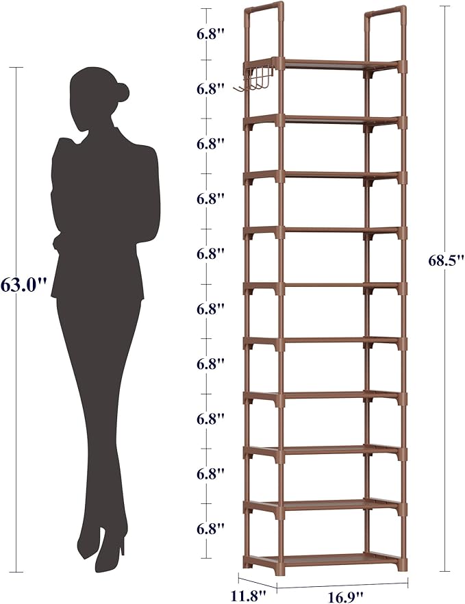 Kitsure Shoe Rack - 10-Tier Shoe Organizer with Detachable Fabric Shelves & Metal Frame, Tall Shoe Rack for Closet, Entrance, Living Room, 16.9" Wide - 10 Tier, Brown