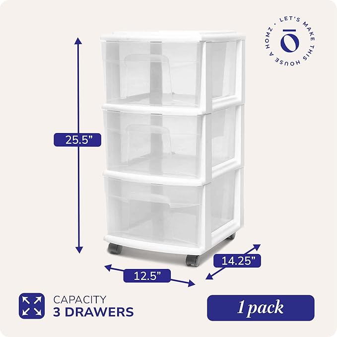 HOMZ Drawer Tower, 3-Tier Rolling Storage Cart with Removable Wheels, White Frame – Plastic Organizer with Clear Bin Drawers for Bedroom, Bathroom, Home Office, and Dorm Room
