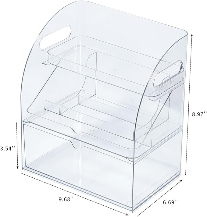 FABROK 3-Layer Desk Organizer with Drawer, Clear Office Supplies and Desk Accessories Organizer with Handle, Desktop Organizer and Storage for Stationery（Clear）