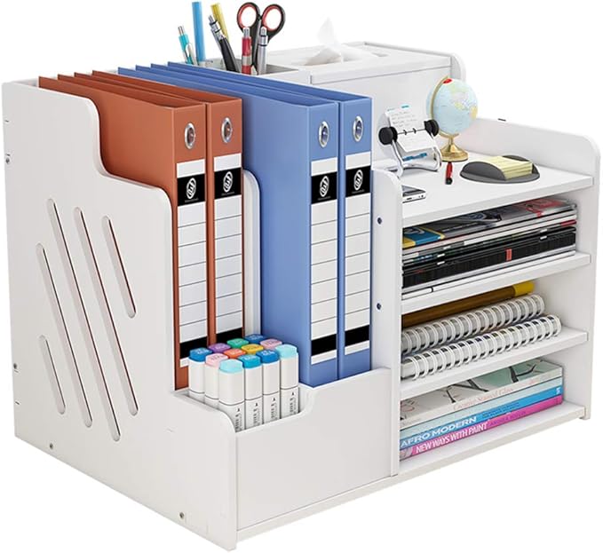 White Desktop Organizer, Multipurpose Desk Document File Tray Organizer Storage Display Shelf Rack for Home Office School(PB07)